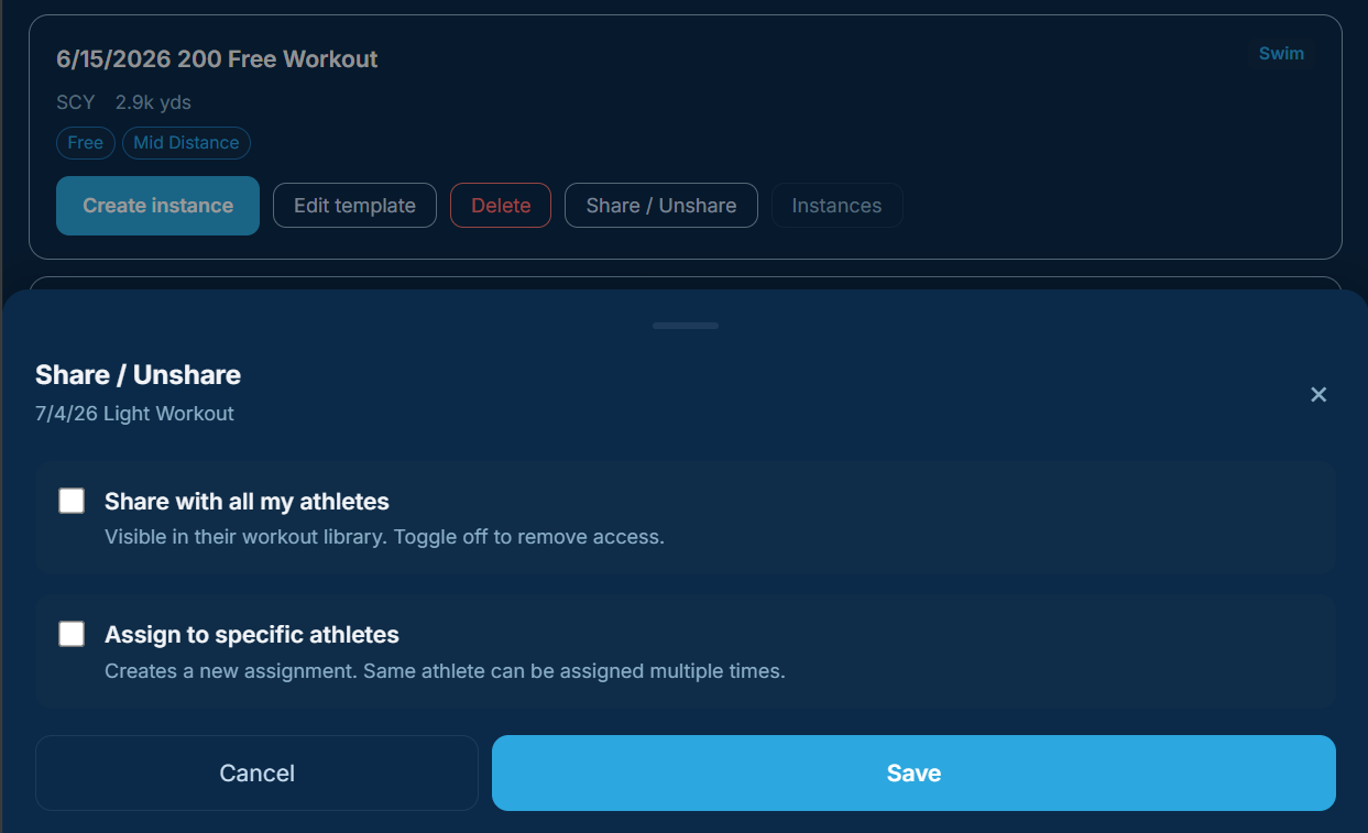 Share-and-assign panel with a few athletes checked